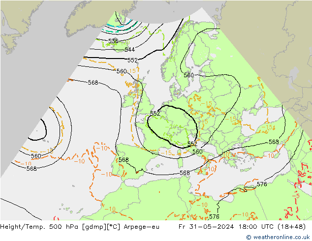 Hoogte/Temp. 500 hPa Arpege-eu vr 31.05.2024 18 UTC