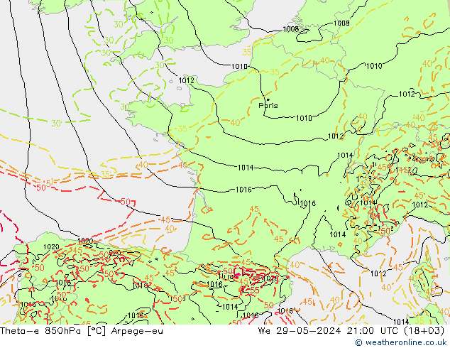 Theta-e 850hPa Arpege-eu We 29.05.2024 21 UTC