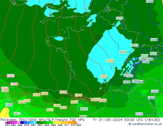 Thck 700-1000 hPa Arpege-eu ven 31.05.2024 00 UTC