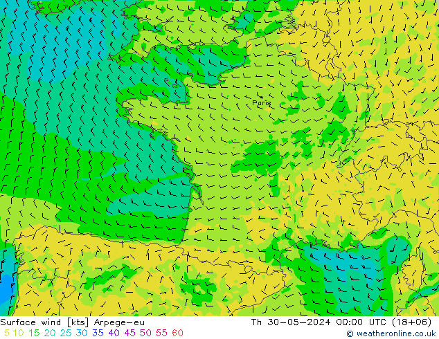 Vento 10 m Arpege-eu gio 30.05.2024 00 UTC