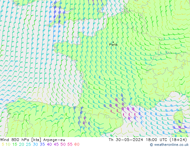 Wind 850 hPa Arpege-eu Th 30.05.2024 18 UTC