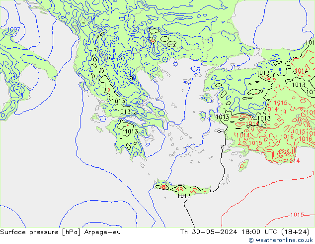 Atmosférický tlak Arpege-eu Čt 30.05.2024 18 UTC