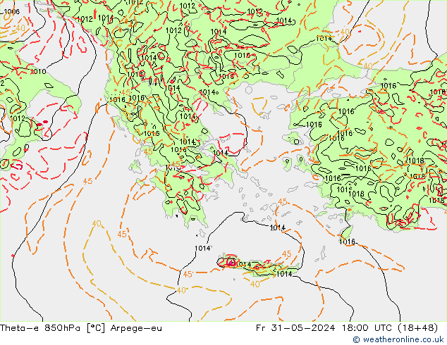 Theta-e 850hPa Arpege-eu Cu 31.05.2024 18 UTC