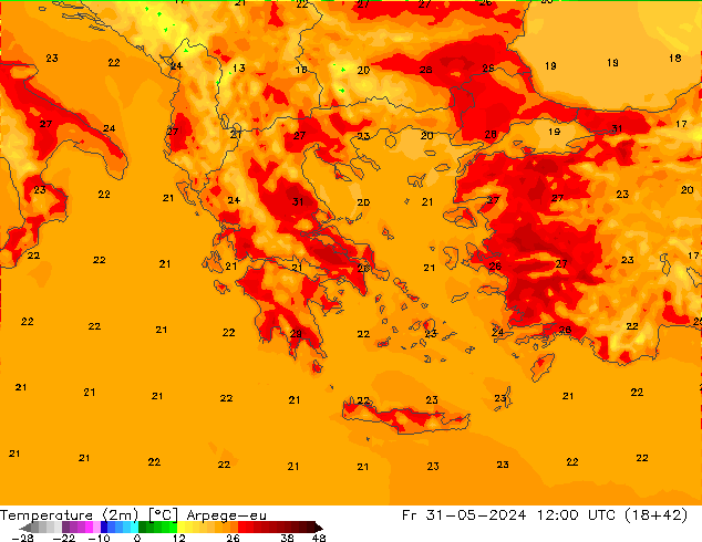 Temperatuurkaart (2m) Arpege-eu vr 31.05.2024 12 UTC