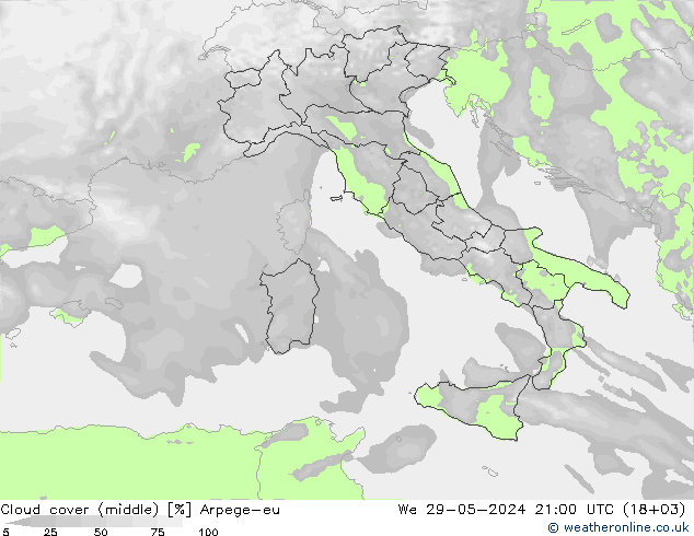Cloud cover (middle) Arpege-eu We 29.05.2024 21 UTC