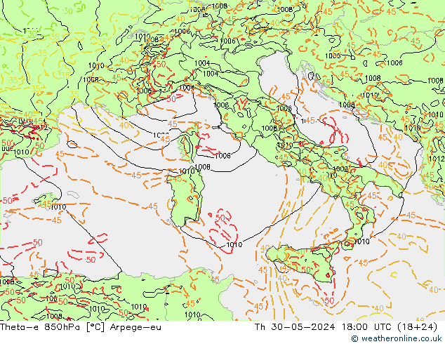 Theta-e 850гПа Arpege-eu чт 30.05.2024 18 UTC