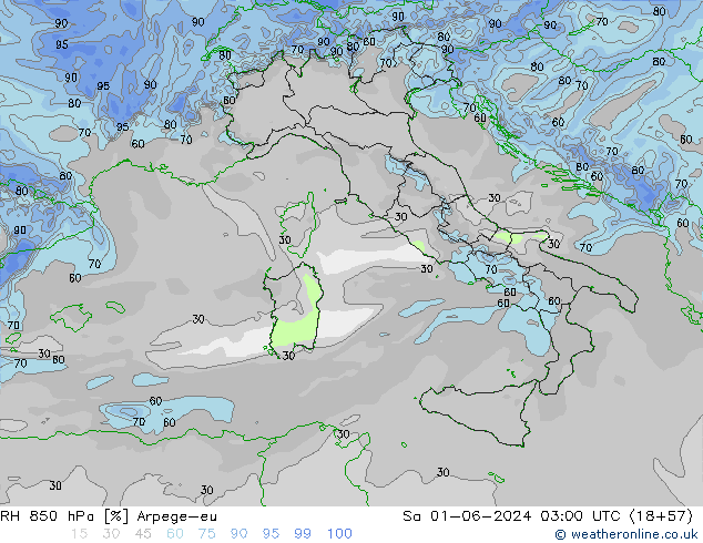 RH 850 hPa Arpege-eu So 01.06.2024 03 UTC