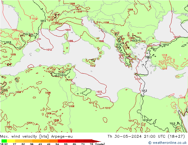 Max. wind velocity Arpege-eu Th 30.05.2024 21 UTC