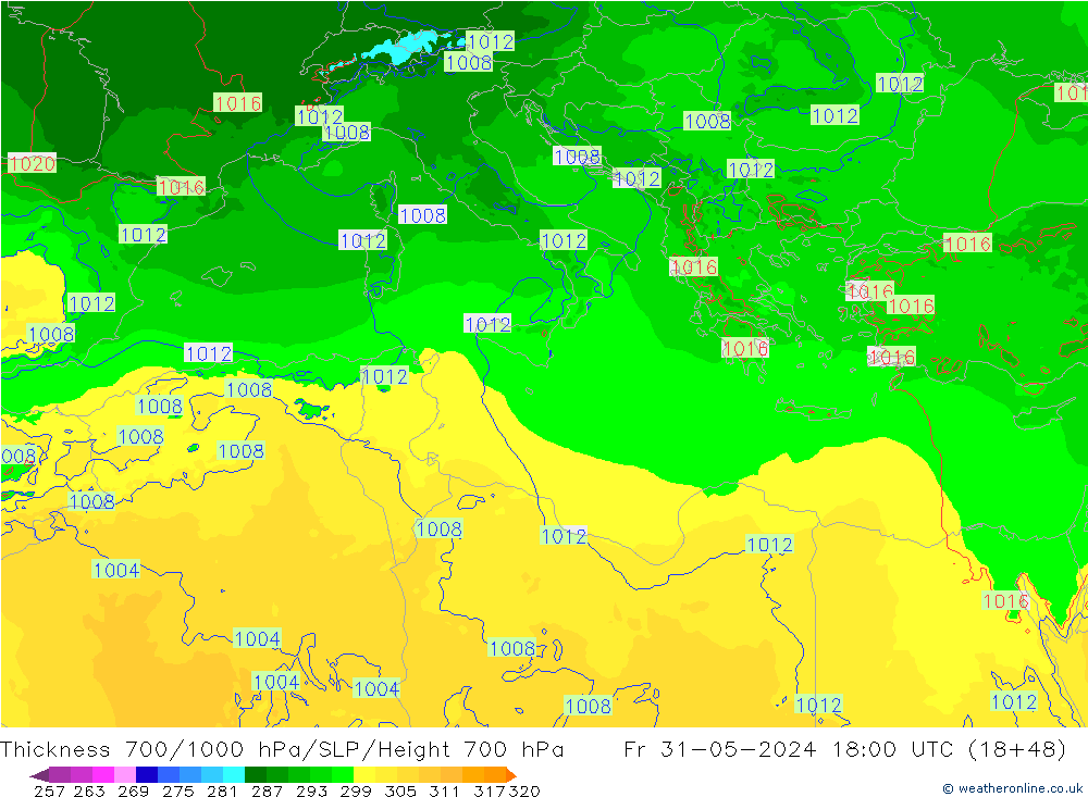 Thck 700-1000 hPa Arpege-eu pt. 31.05.2024 18 UTC