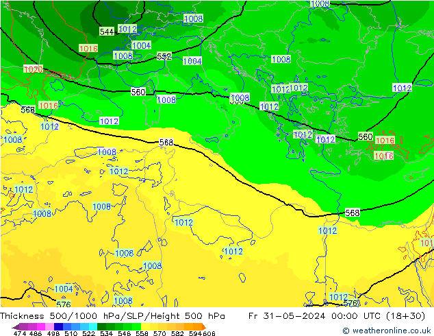 Espesor 500-1000 hPa Arpege-eu vie 31.05.2024 00 UTC