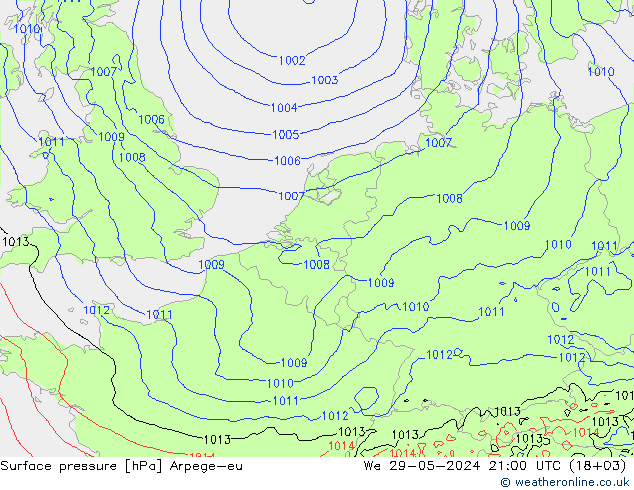 地面气压 Arpege-eu 星期三 29.05.2024 21 UTC