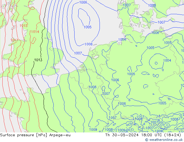 Pressione al suolo Arpege-eu gio 30.05.2024 18 UTC