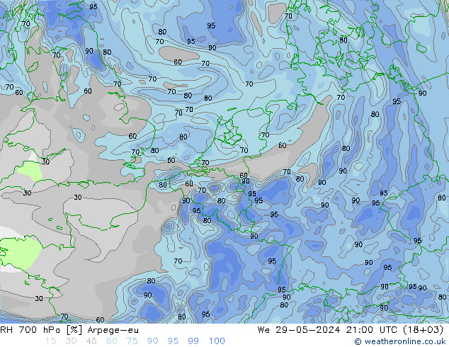 RH 700 hPa Arpege-eu We 29.05.2024 21 UTC