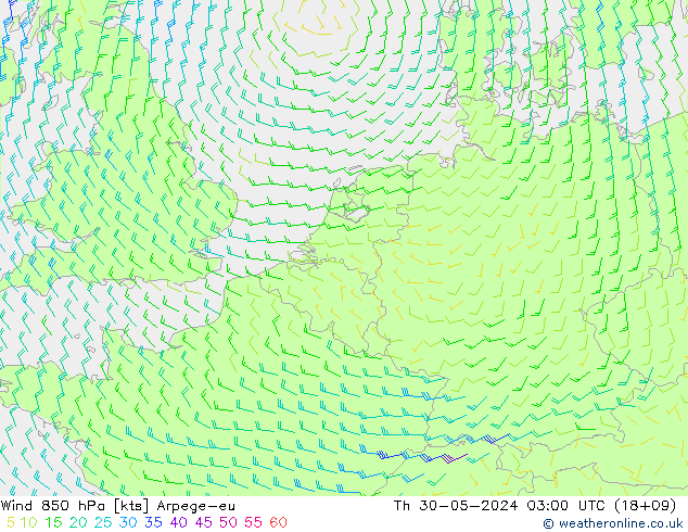 Wind 850 hPa Arpege-eu Čt 30.05.2024 03 UTC