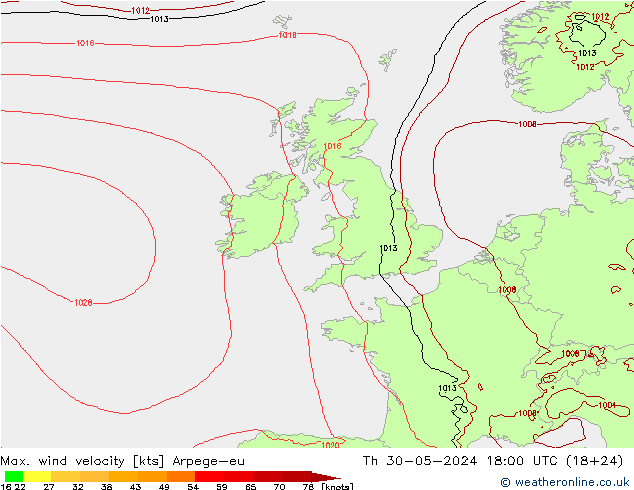 Max. wind velocity Arpege-eu чт 30.05.2024 18 UTC