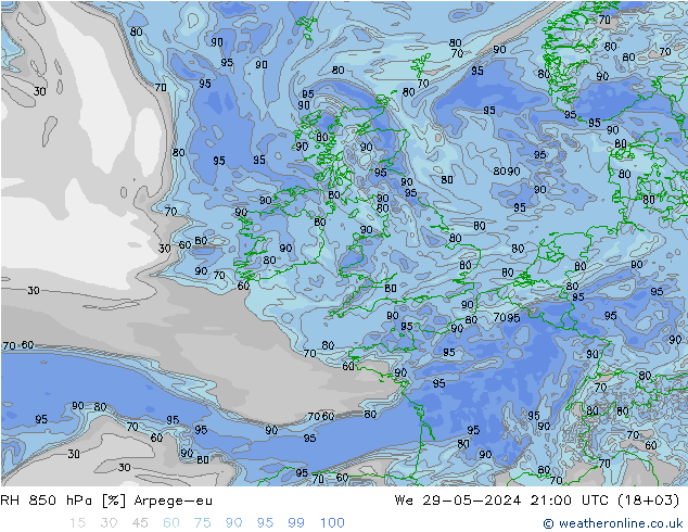 RH 850 гПа Arpege-eu ср 29.05.2024 21 UTC