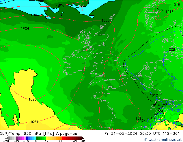 SLP/Temp. 850 hPa Arpege-eu Fr 31.05.2024 06 UTC