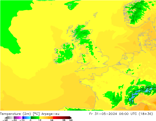 Temperatura (2m) Arpege-eu Sex 31.05.2024 06 UTC