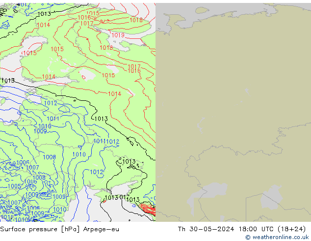 Atmosférický tlak Arpege-eu Čt 30.05.2024 18 UTC