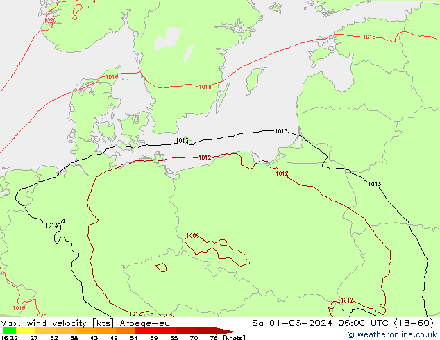 Max. wind velocity Arpege-eu Sa 01.06.2024 06 UTC