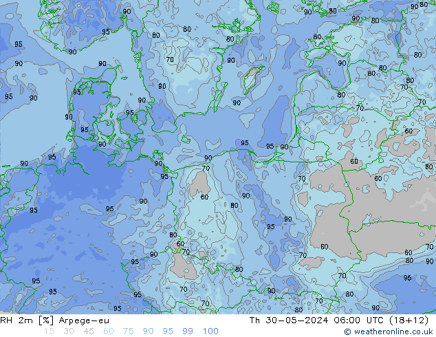 Humidité rel. 2m Arpege-eu jeu 30.05.2024 06 UTC