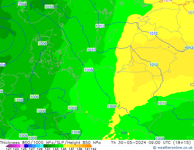 Dikte 850-1000 hPa Arpege-eu do 30.05.2024 09 UTC