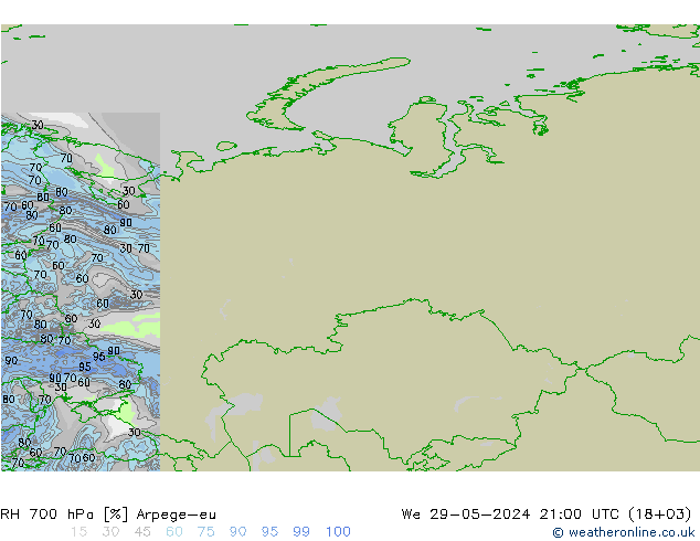 Humidité rel. 700 hPa Arpege-eu mer 29.05.2024 21 UTC