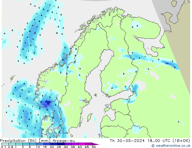 Precipitación (6h) Arpege-eu jue 30.05.2024 00 UTC