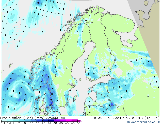 Précipitation (12h) Arpege-eu jeu 30.05.2024 18 UTC