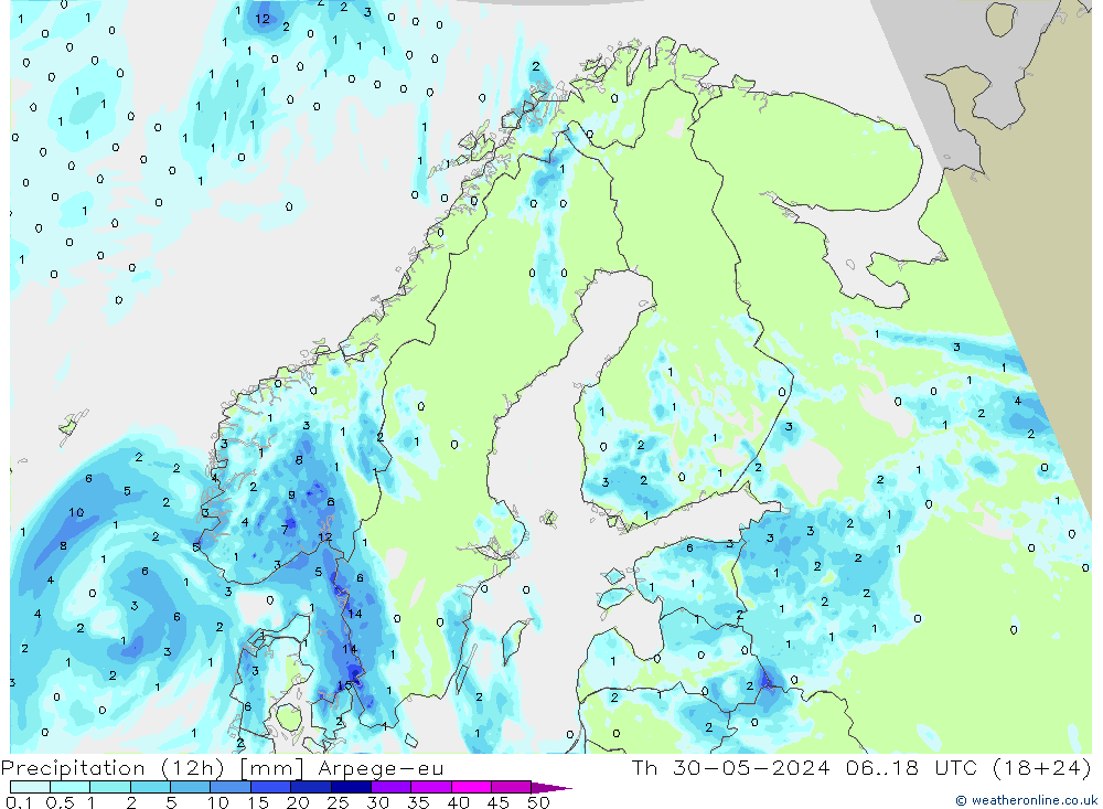 Precipitation (12h) Arpege-eu Čt 30.05.2024 18 UTC