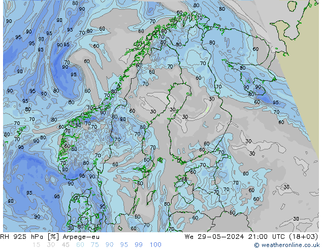 RH 925 hPa Arpege-eu Mi 29.05.2024 21 UTC