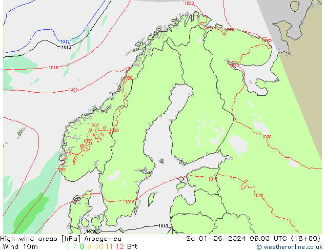 High wind areas Arpege-eu Sa 01.06.2024 06 UTC