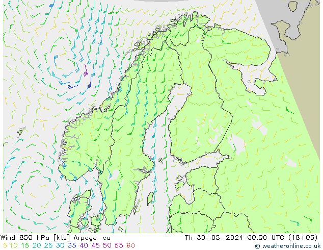 Vento 850 hPa Arpege-eu gio 30.05.2024 00 UTC