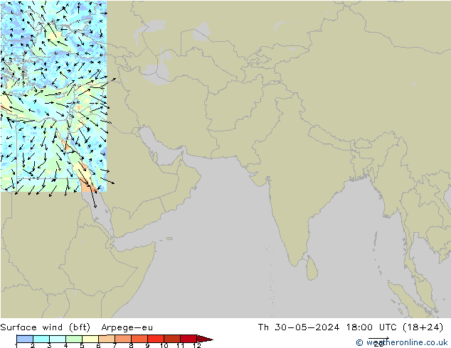 Surface wind (bft) Arpege-eu Čt 30.05.2024 18 UTC