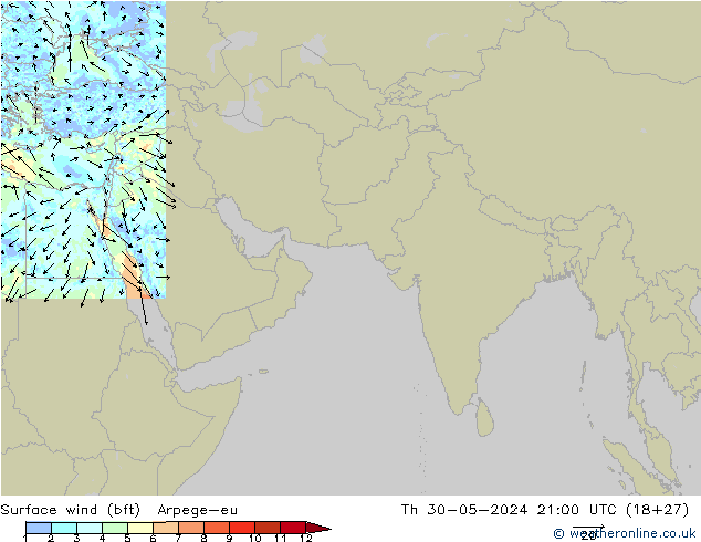 Surface wind (bft) Arpege-eu Th 30.05.2024 21 UTC