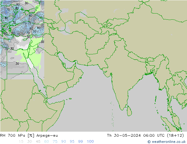 Humedad rel. 700hPa Arpege-eu jue 30.05.2024 06 UTC