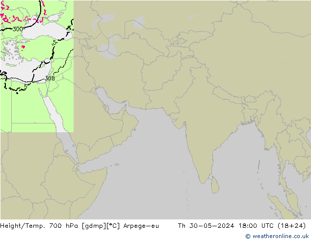 Height/Temp. 700 hPa Arpege-eu Čt 30.05.2024 18 UTC