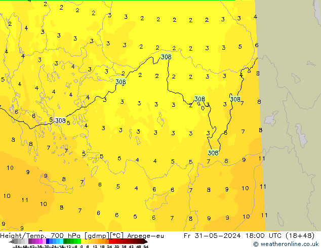 Hoogte/Temp. 700 hPa Arpege-eu vr 31.05.2024 18 UTC