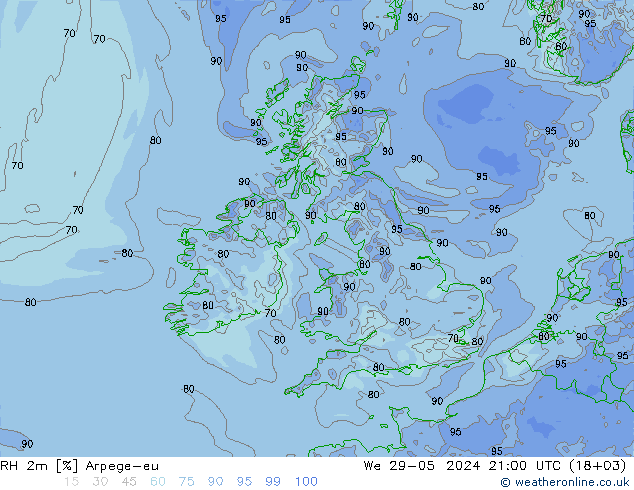 RH 2m Arpege-eu Mi 29.05.2024 21 UTC