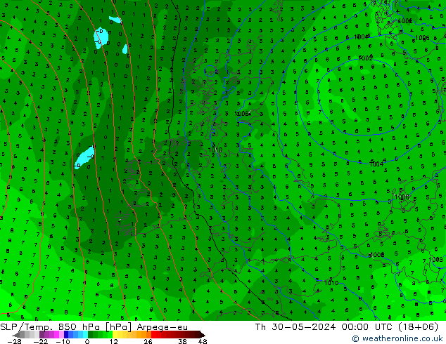 SLP/Temp. 850 hPa Arpege-eu jue 30.05.2024 00 UTC