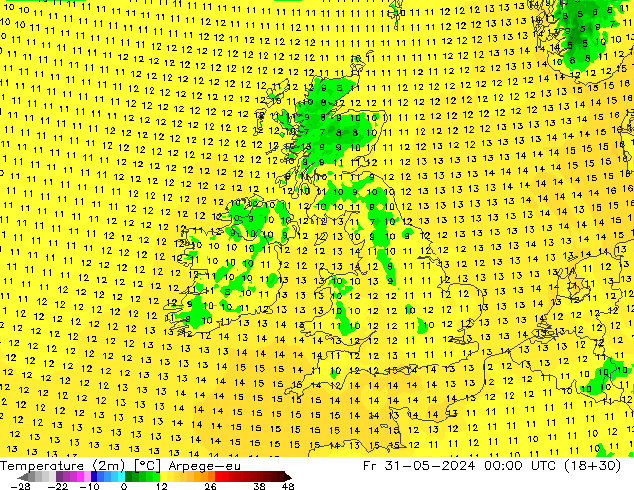 Temperatura (2m) Arpege-eu Sex 31.05.2024 00 UTC