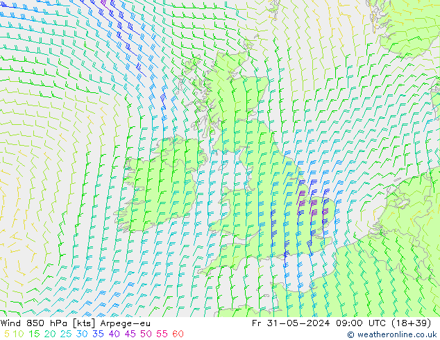 ветер 850 гПа Arpege-eu пт 31.05.2024 09 UTC