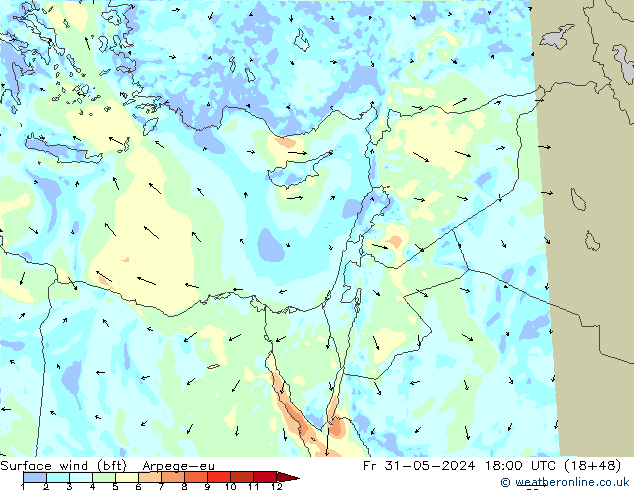 Surface wind (bft) Arpege-eu Pá 31.05.2024 18 UTC