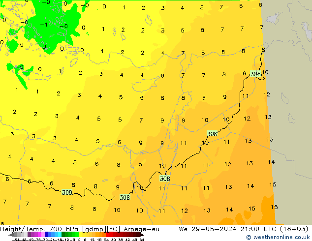 Géop./Temp. 700 hPa Arpege-eu mer 29.05.2024 21 UTC