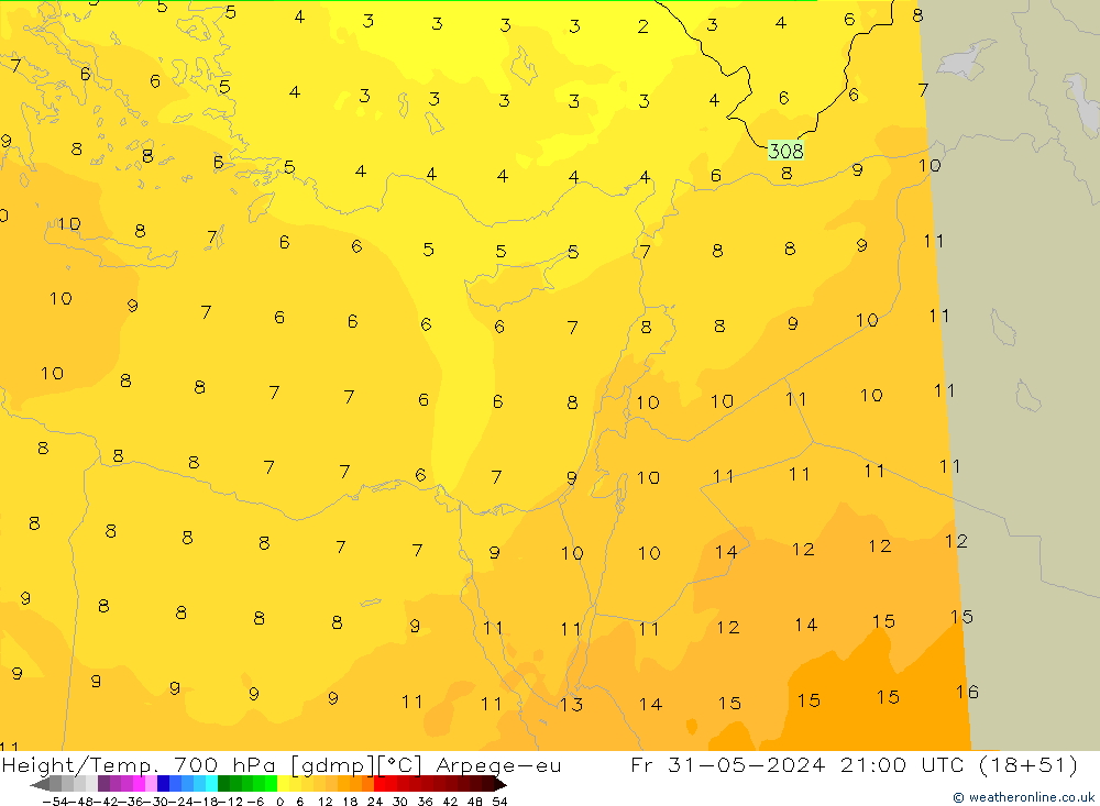 Height/Temp. 700 hPa Arpege-eu Sex 31.05.2024 21 UTC