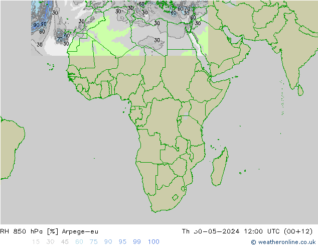 RH 850 hPa Arpege-eu Th 30.05.2024 12 UTC