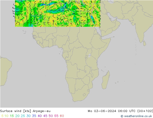 Surface wind Arpege-eu Mo 03.06.2024 06 UTC