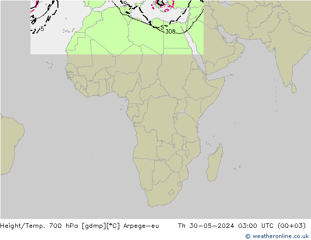 Geop./Temp. 700 hPa Arpege-eu jue 30.05.2024 03 UTC