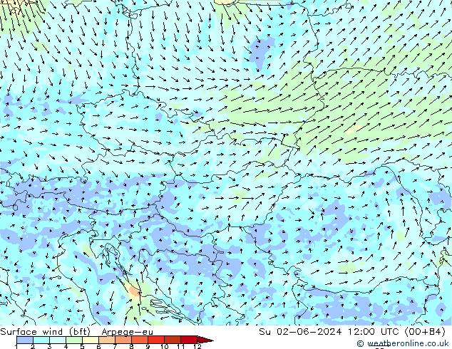 Surface wind (bft) Arpege-eu Su 02.06.2024 12 UTC