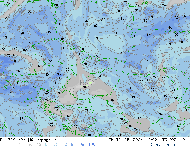 RH 700 hPa Arpege-eu czw. 30.05.2024 12 UTC